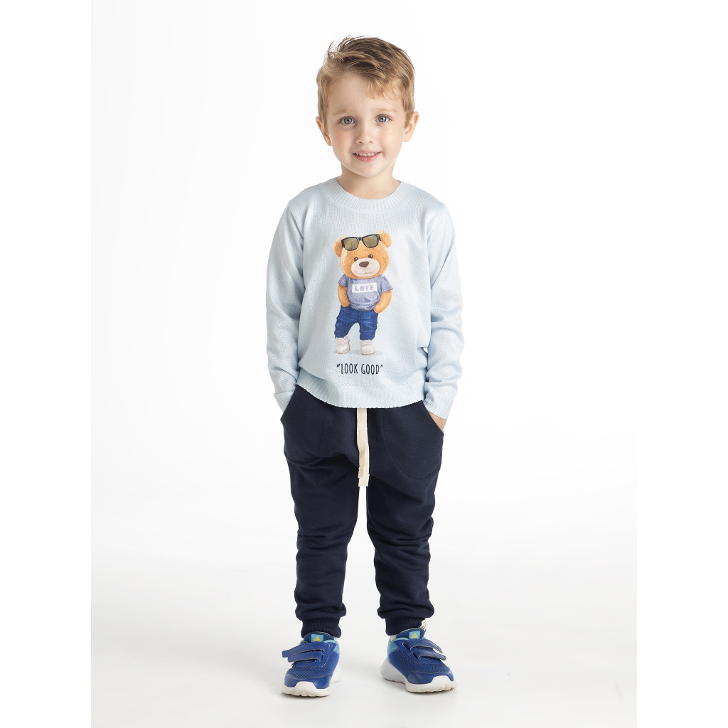 Suéter Blusa Tricô Infantil Menino Azul com Urso Estiloso  Sublimada 100% Poliéster | Inverno