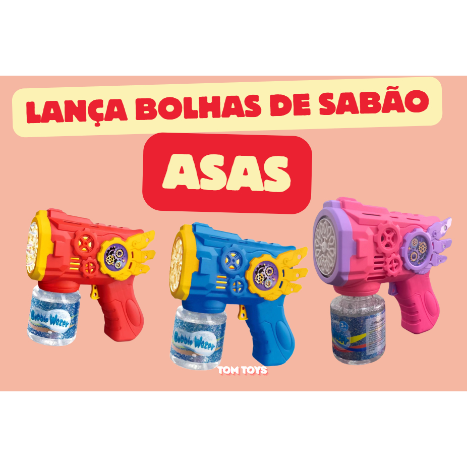 Brinquedo Pistola Lança Bolha De Sabão Automática modelo Asas com Led Azul Vermelho Rosa