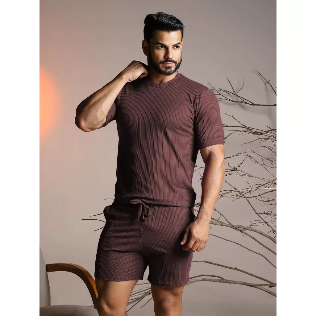 Conjunto Masculino Verão Elegante Short Bermuda Mauricinho + Camiseta Ribana Canelada Homem Moderno