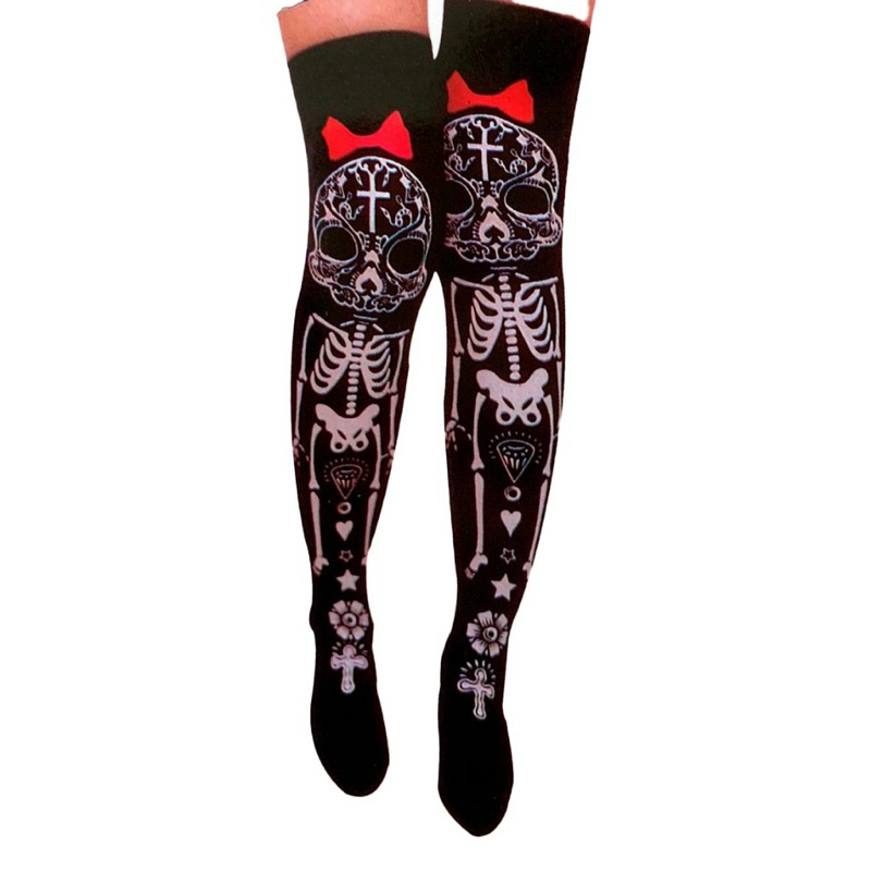 Meia 7/8 Caveira Halloween Laço Cruz Poliéster