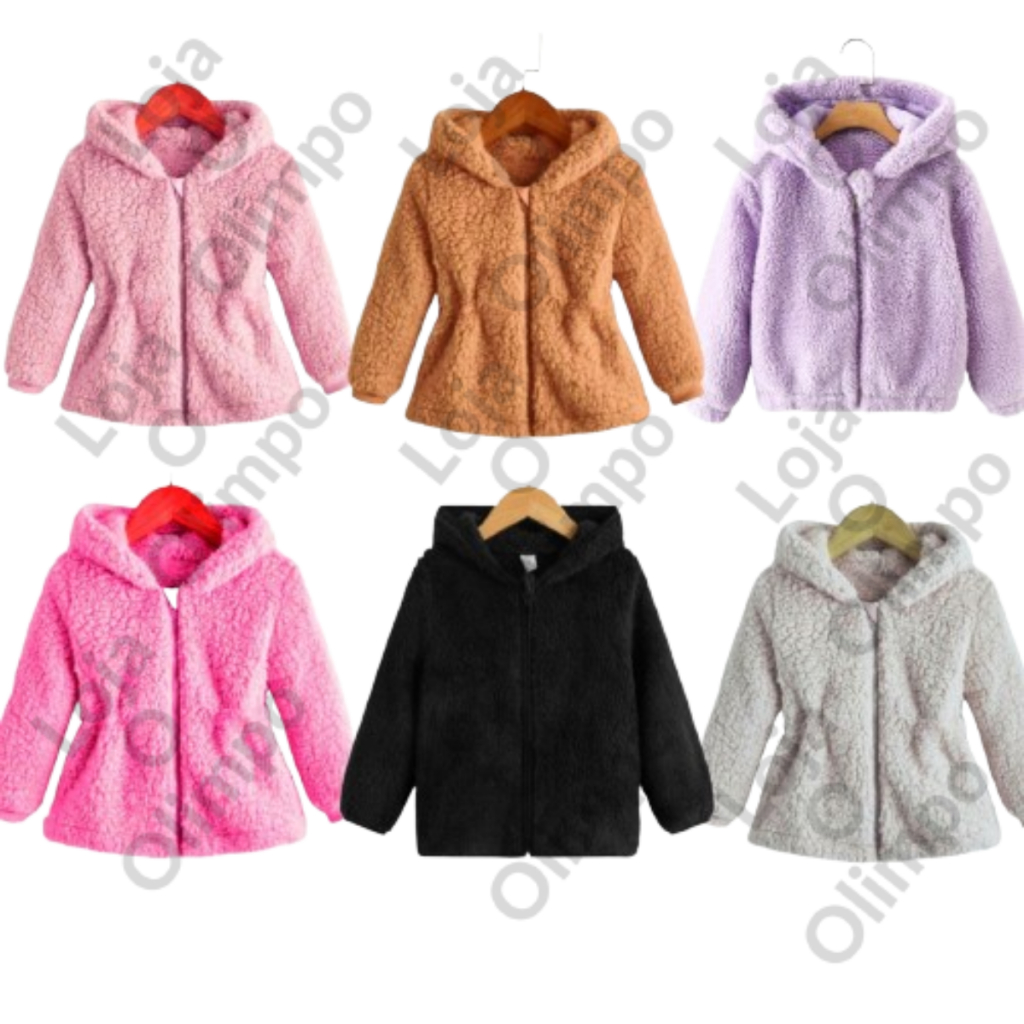 Casaco teddy Infantil Menina Blusa  Ted  Feminino Tedd Pelinho Tedy Inverno Quentinho Rosa Branco Pr