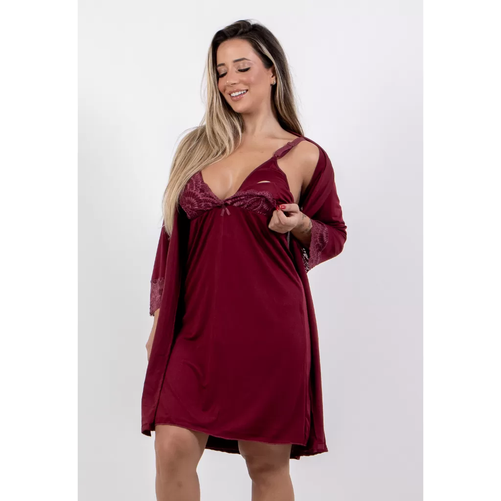 KIT Maternidade Camisola Amamentação Rendada e Robe Akira Fitness