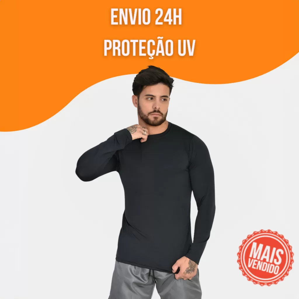 Camisa Proteção Solar 50+ Preto Manga Longa Segunda Pele Treino Fitness Academia