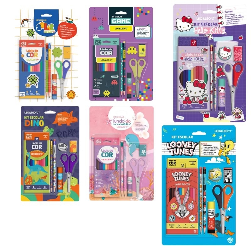 Kit Escolar Completo LeoELeo Lápis de Cor Tesoura Borracha 18 itens