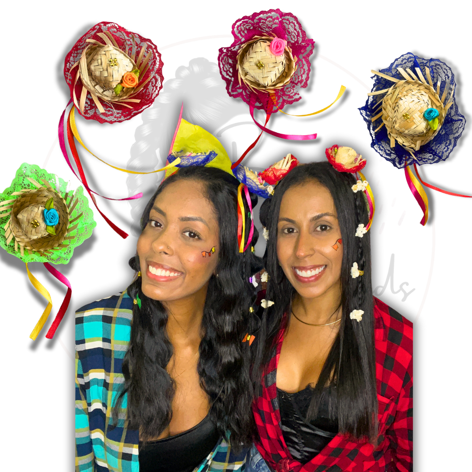 Kit 12 Chapéu de Palha com Fitas Festa Junina Bico de Pato, Enfeite de Cabelo Festa Junina São João