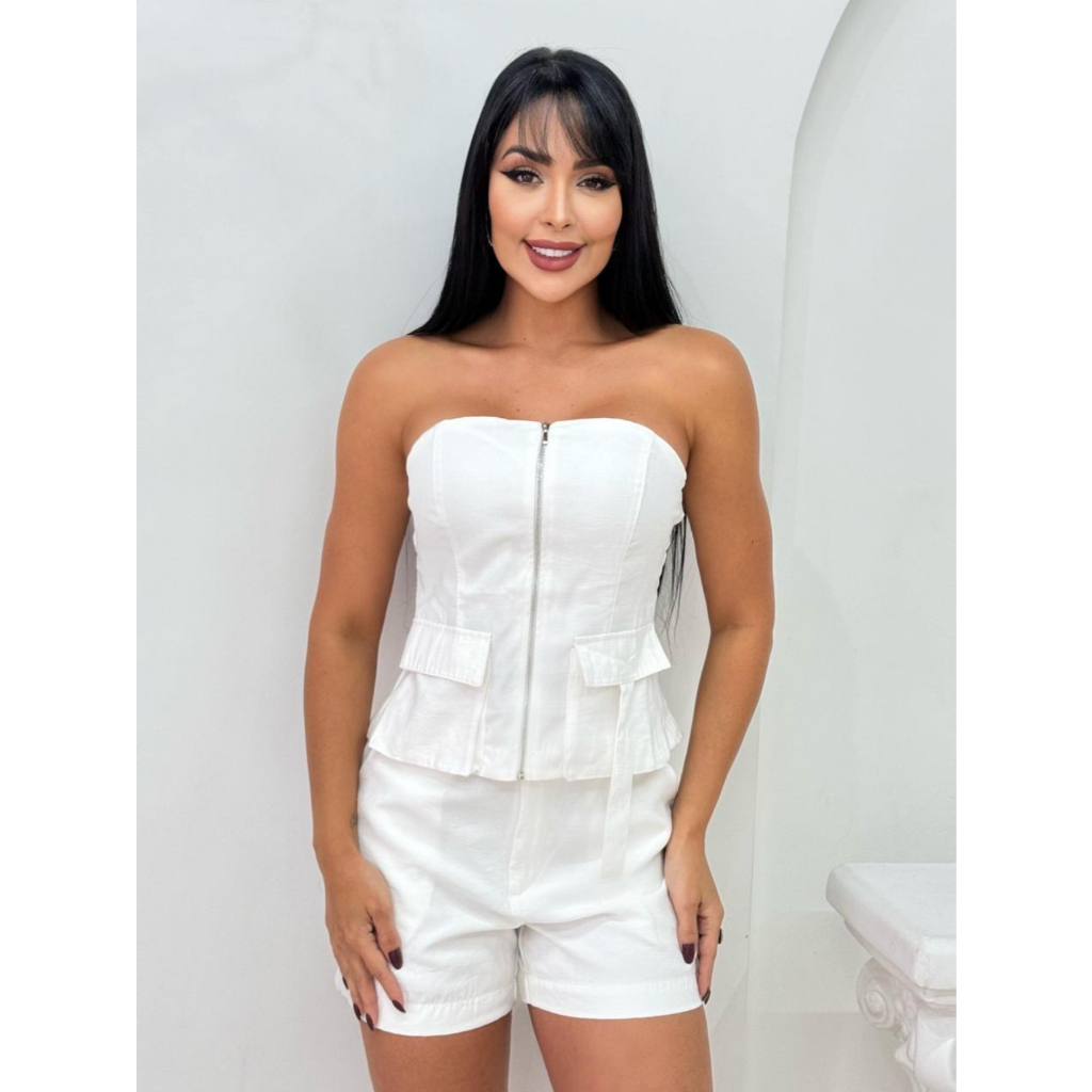 Conjunto Feminino Alfaiataria Corselet Cargo e Shorts