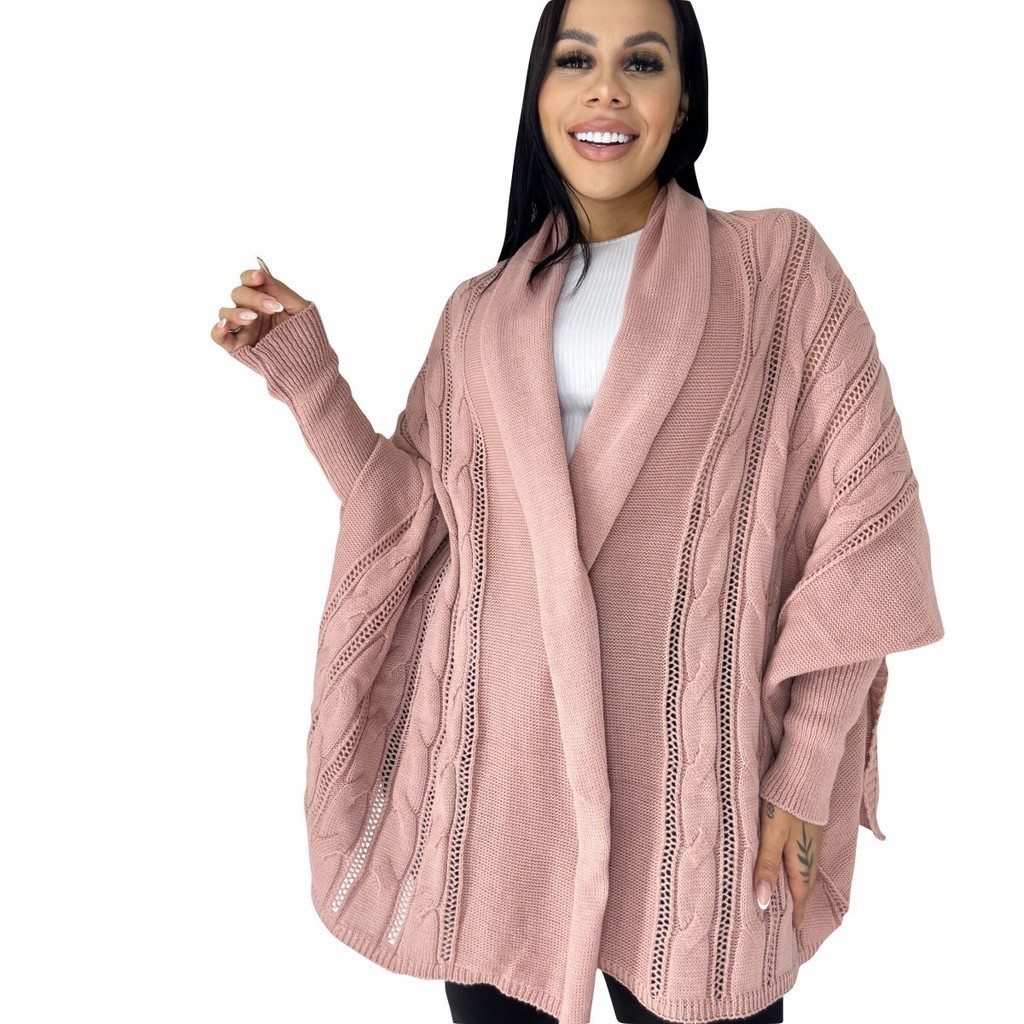 Kimono Trança Capa Tricot Lã Feminino Moda Outono Inverno Juliete