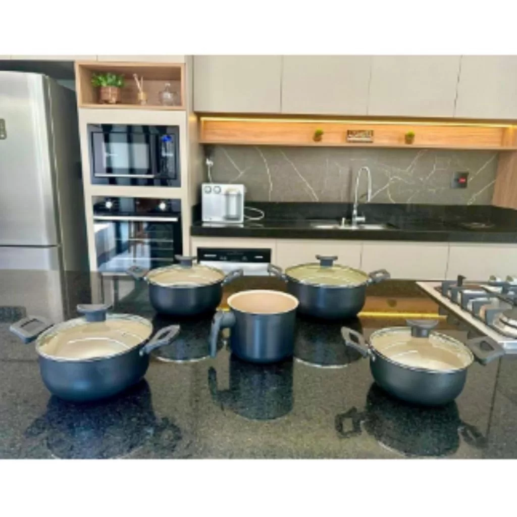 Conjunto Panela Caçarolas Antiaderente Teflon Tampa De Vidro 5 peças