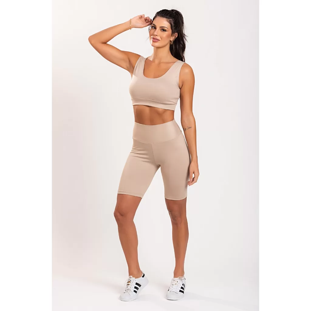 Bermuda Feminina Lisa Poliéster Nude Moda Fitness Ciclista Não Transparente Cintura Alta Plus Size A