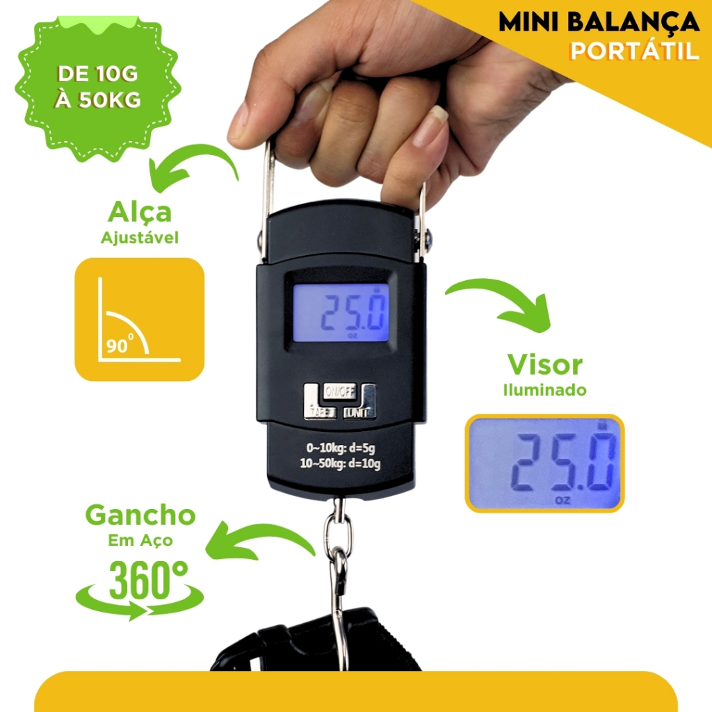 Balança De Bagagem Digital De Mão Com Gancho Até 50kg – NL