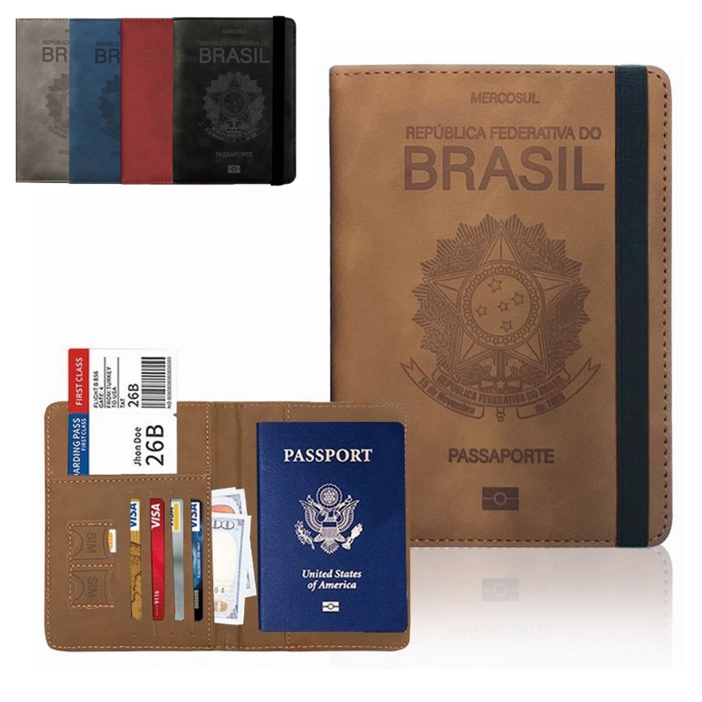 Porta Documentos Passaporte Viagem Carteira Couro Com Rfid