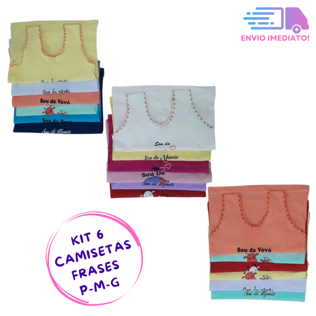 Kit 6 Camisetas Frases Bebê com Festonê PMG Algodão – MELHOR PREÇO