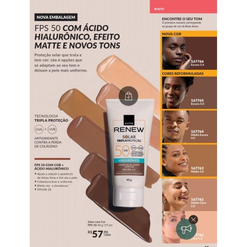 Protetor Solar Renew Com Cor Fps 50 + Ácido Hialurônico- Avon