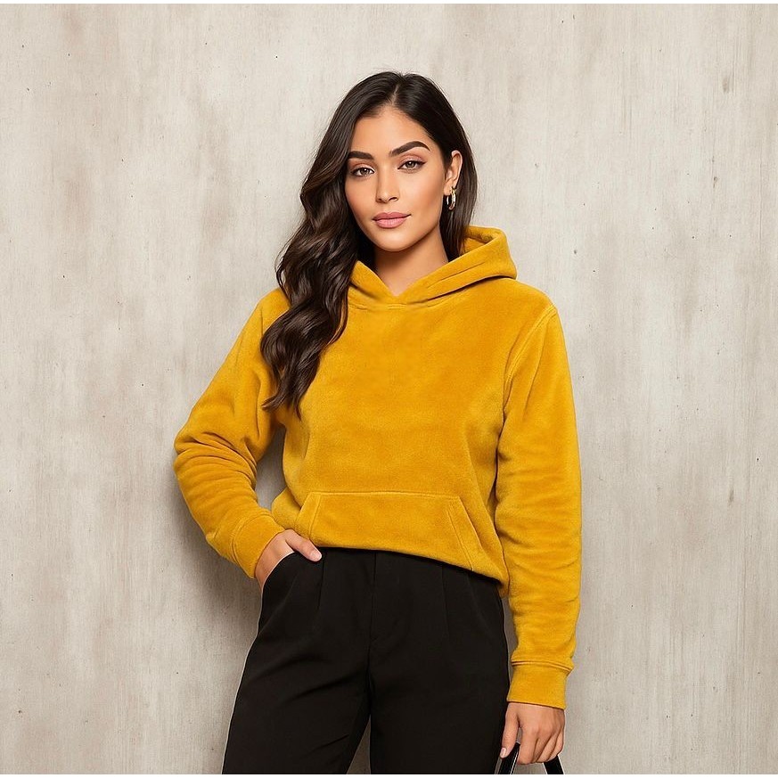 Blusa Feminina Pelucia Lisa Com Capuz Moda 2025