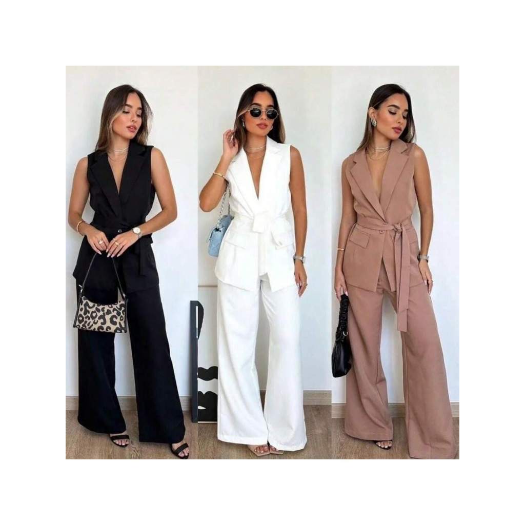 Conjunto Feminino Alfaiataria Social Clássico e Elegante Terninho Max Colete e Calça Moda Esporte Ch