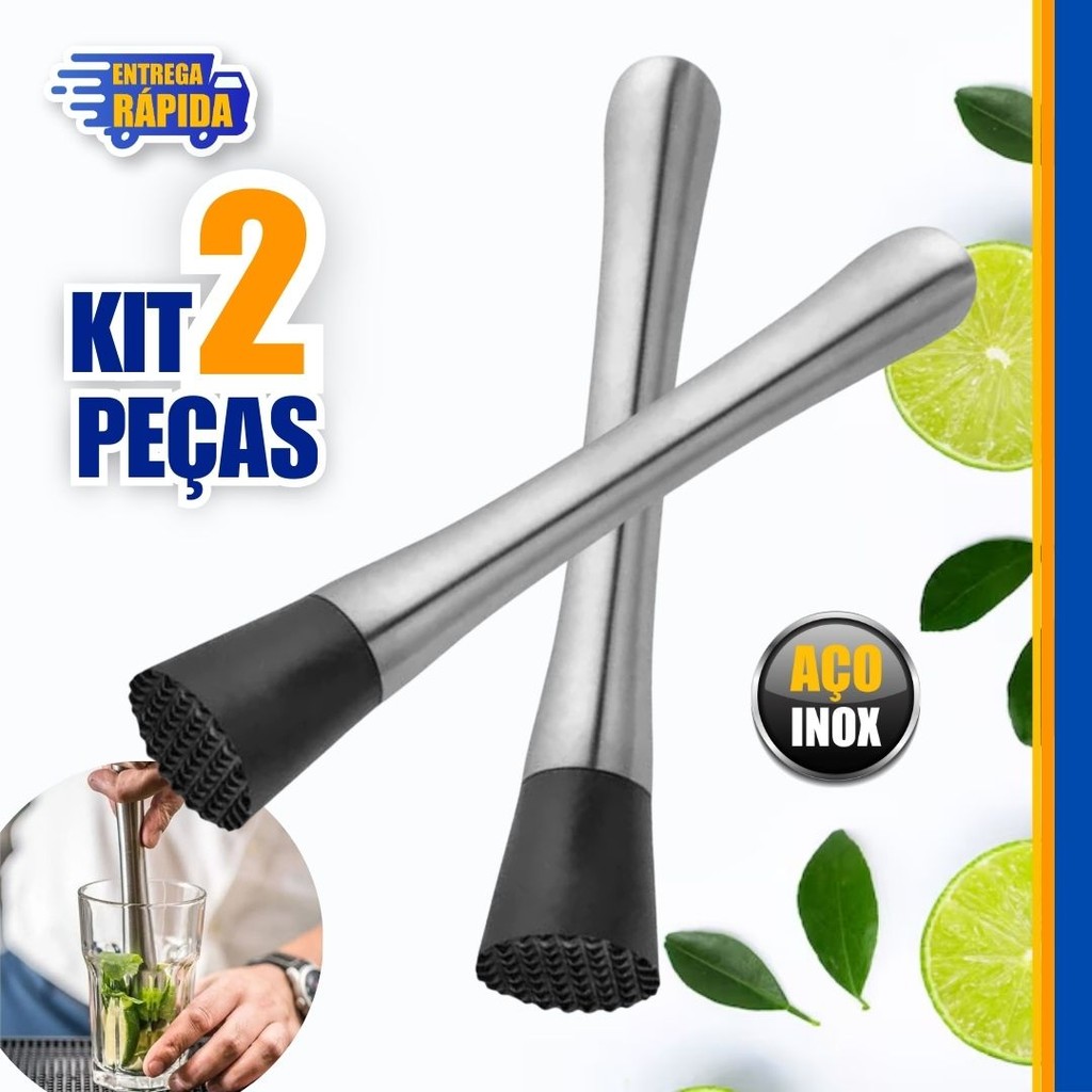 2 Socador de Bebidas Inox 21cm Profissional p/ Drinks e Caipirinhas