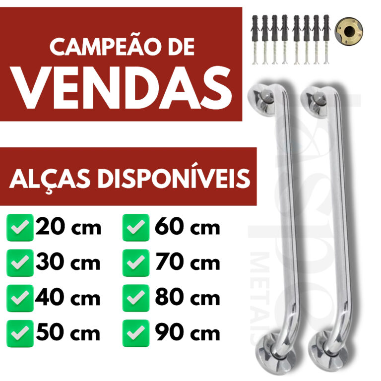 Alça de Apoio em Alumínio 20cm a 1m para Banheir