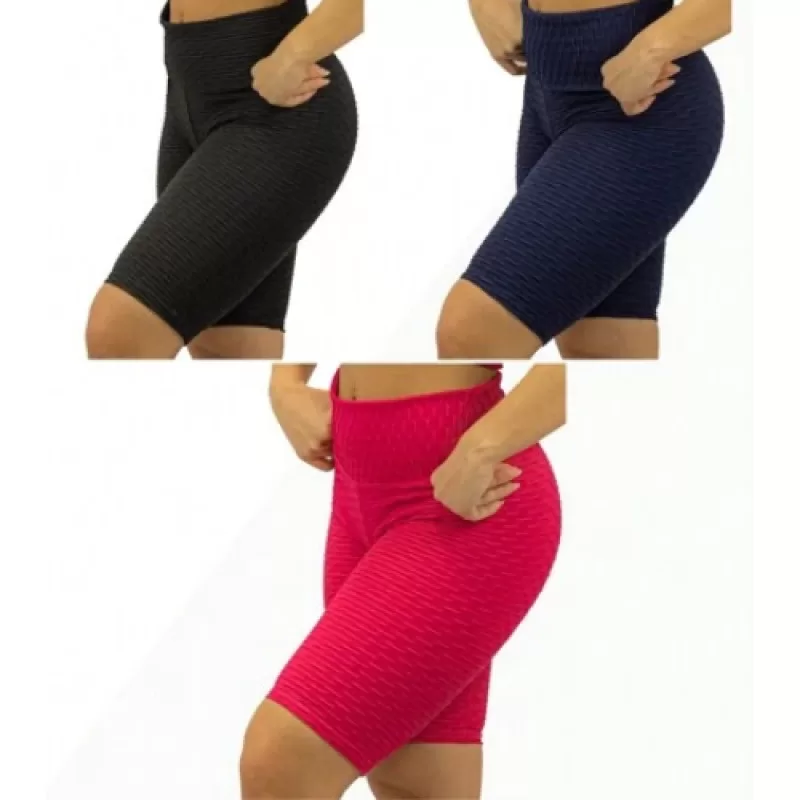 Kit 03 short Feminina Suplex Bolha 3d Academia – Zero Transparência Moda Fitness – Bermuda Conforto