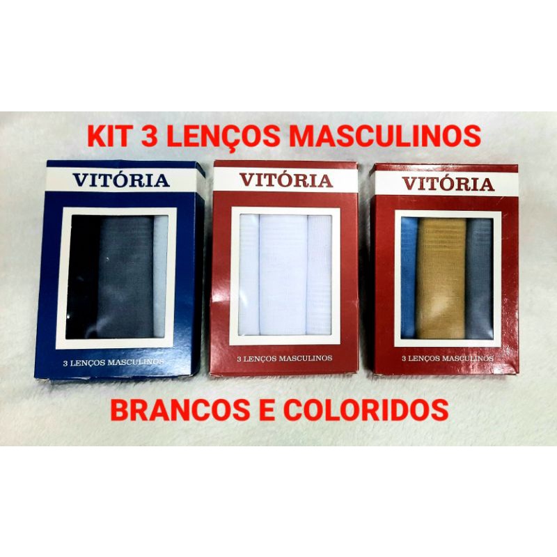 Kit 3 Lenço de Bolso Masculino 28×28 Caixa Vitória Branco Colorido Algodão
