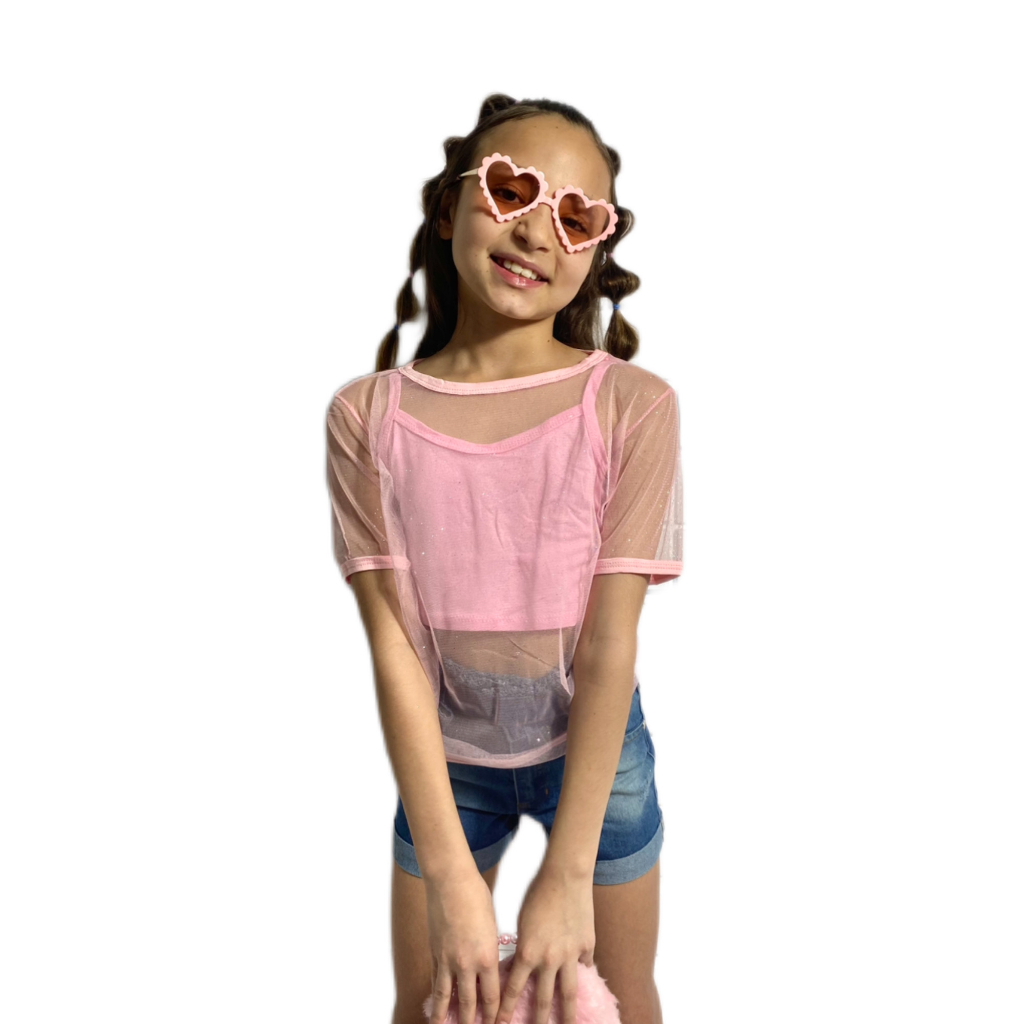 Blusinha Infantil Menina de Tule Manga Curta Brilhante + Cropped Elegante e Confortável P/ Festas