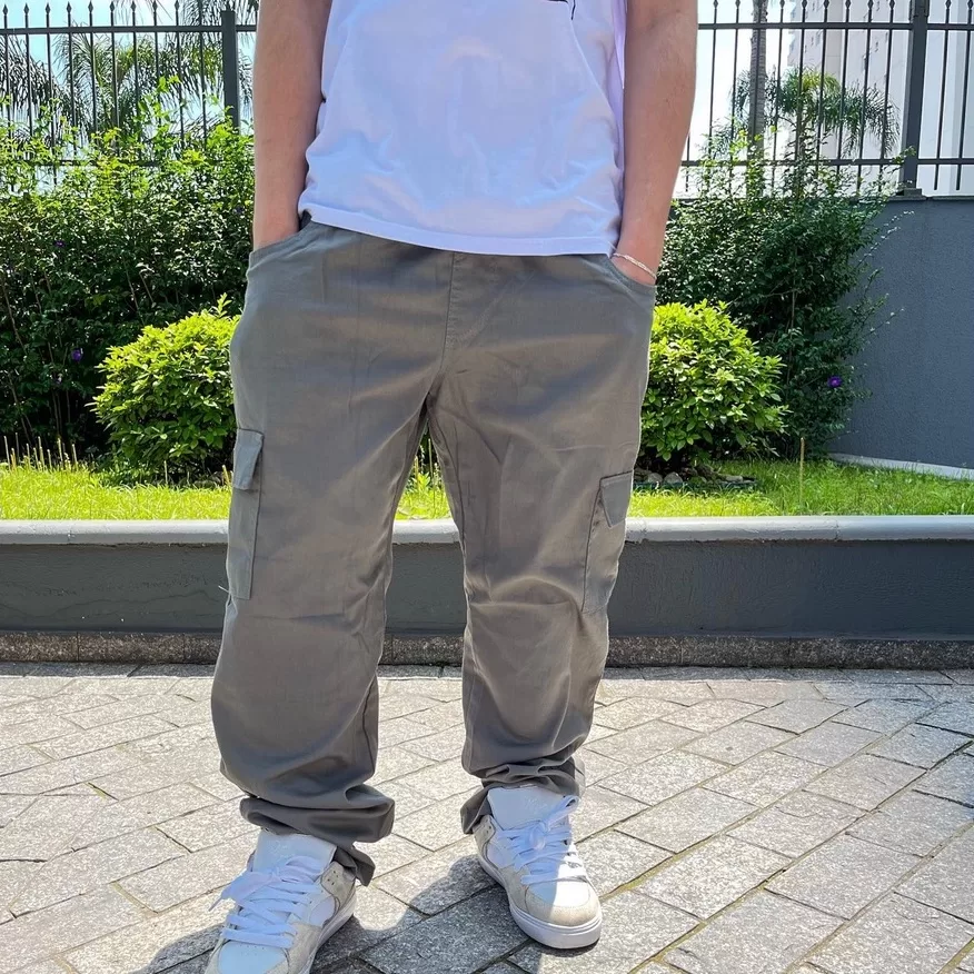 Calça Cargo Cinza Em Sarja Skate Estilo