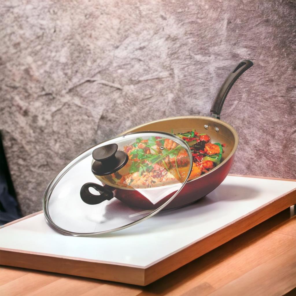 Frigideira Wok Funda Antiaderente C/ Tampa de Vidro 24cm