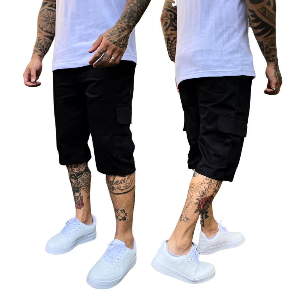 Bermuda Cargo Larga Short Masculino Skate  6 Bolsos Preta Elástico