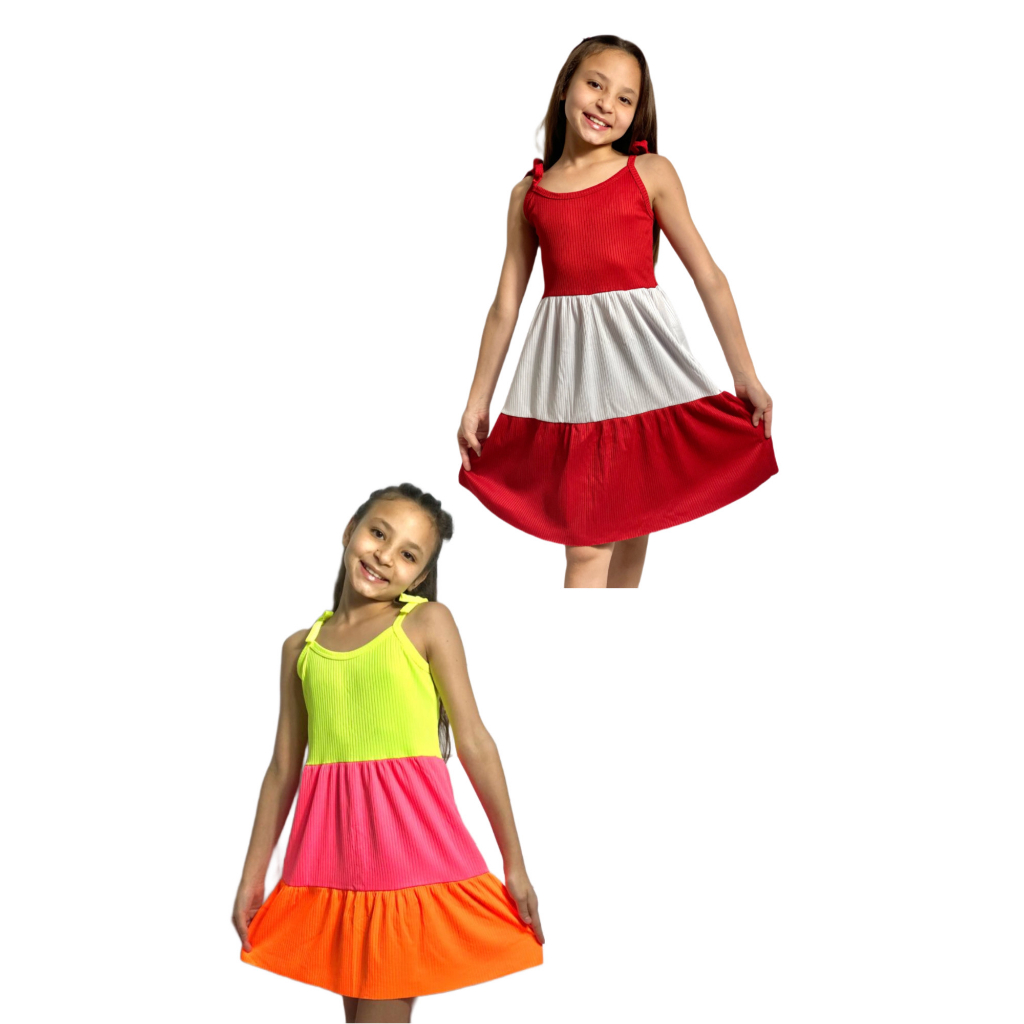 Kit 2 Vestidos Infantil Canelado Três Marias de Alcinha Rodado Festas Aniversário e Presente