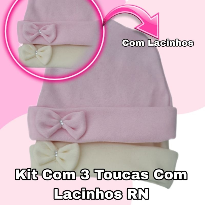 Kit com 3 Toucas com Lacinho Recém Nascido RN Cores Sortidas