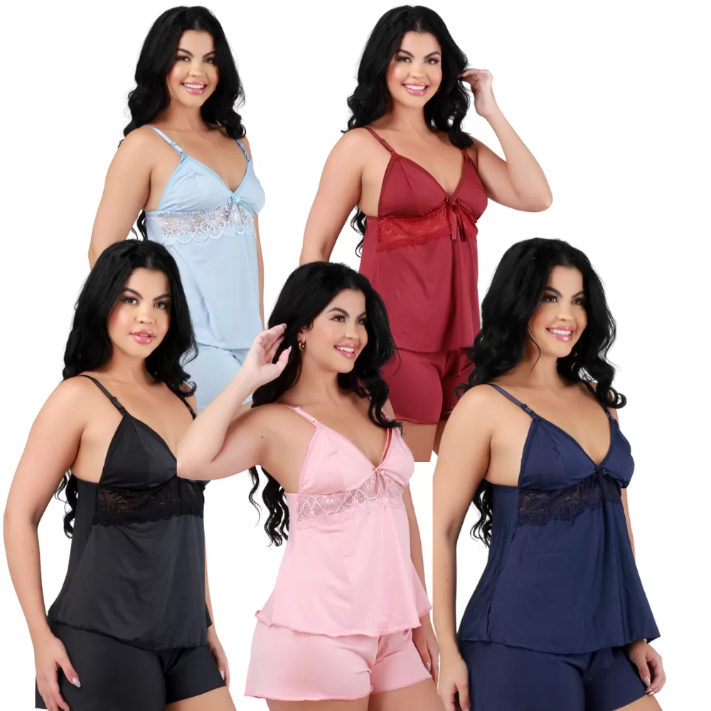 Kit 5 Baby Doll Amamentação Com Click Abre Fácil Pós Parto Pijama Para Amamentar Renda Maternidade