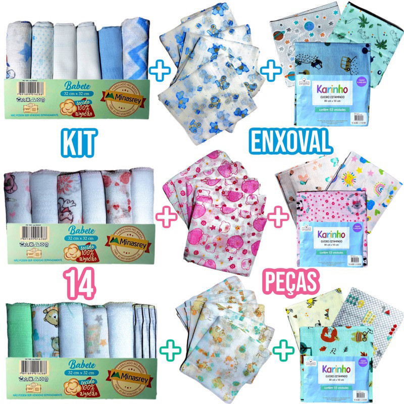 Kit Bebe Infantil 14 Peças 6 Paninho de Boca 5 Fralda de Pano 3 Cueiro Flanelado 100% Algodão Enxova