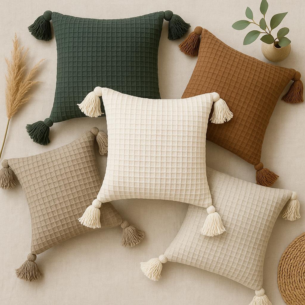 Capa De Almofada Boho Chic 45×45 Pompom Piquet Cru Algodão – Para Deixar Sua Casa Mais Estilosa