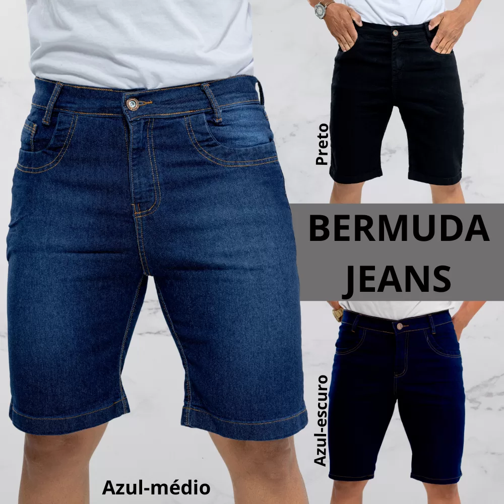 Bermuda Masculina Jeans Short Tradicional Com Lycra 3 Cores Básica Premium