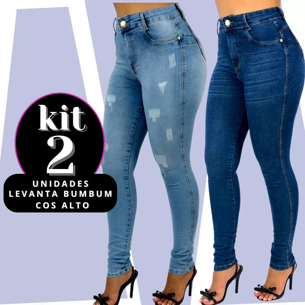 Kit 2 calças Jeans Femininas Skinny Md Clara e Bigode com usd Elastano Cintura Alta Efeito Levanta B