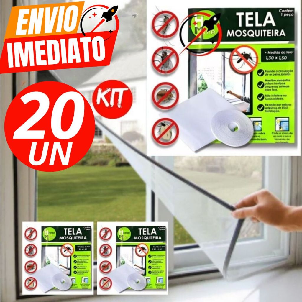 Kit Com 20 Tela Mosquiteiro 1,50 X 1,30 Anti Insetos Mosquitos Dengue Pernilongos Velcro Prático Cas