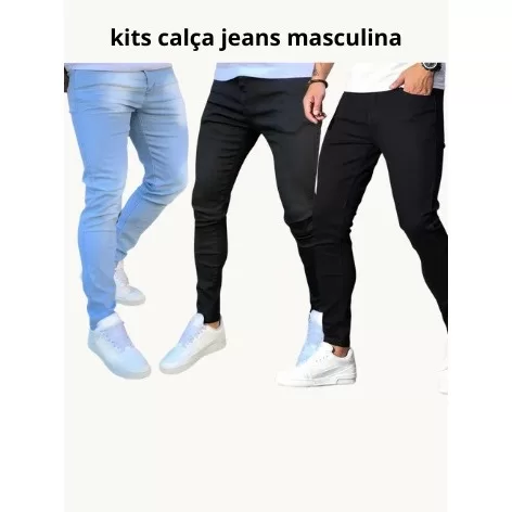 Kit 3 calças jeans masculina com elastano promoç