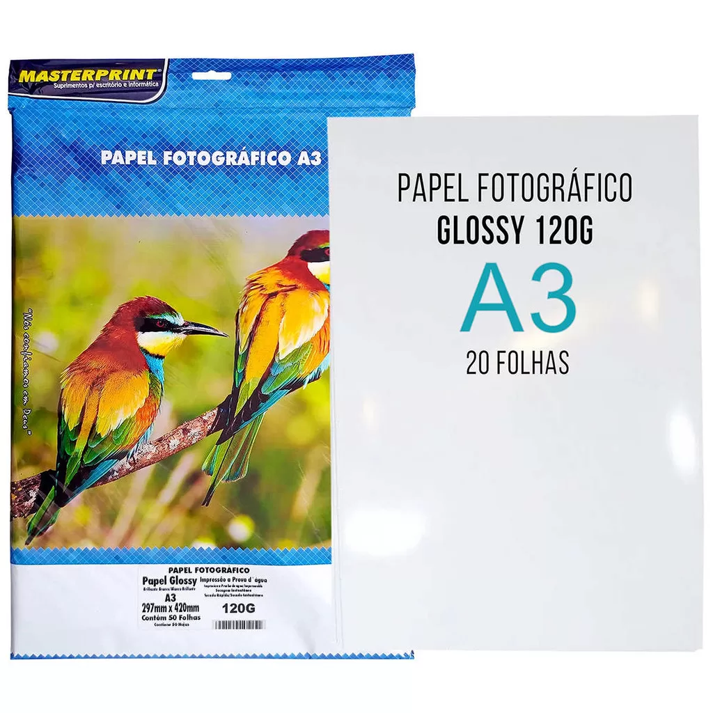 Papel Fotográfico A3 120g Glossy Branco Brilhante 20 folhas Masterprint
