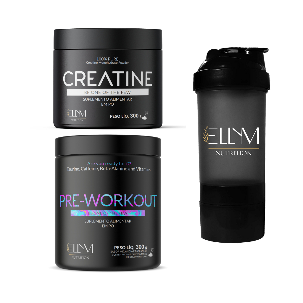 Combo Pré-Treino 300g + Creatina Pura 300g + Coqueteleira Shaker 500ml Suplemento Energia Força