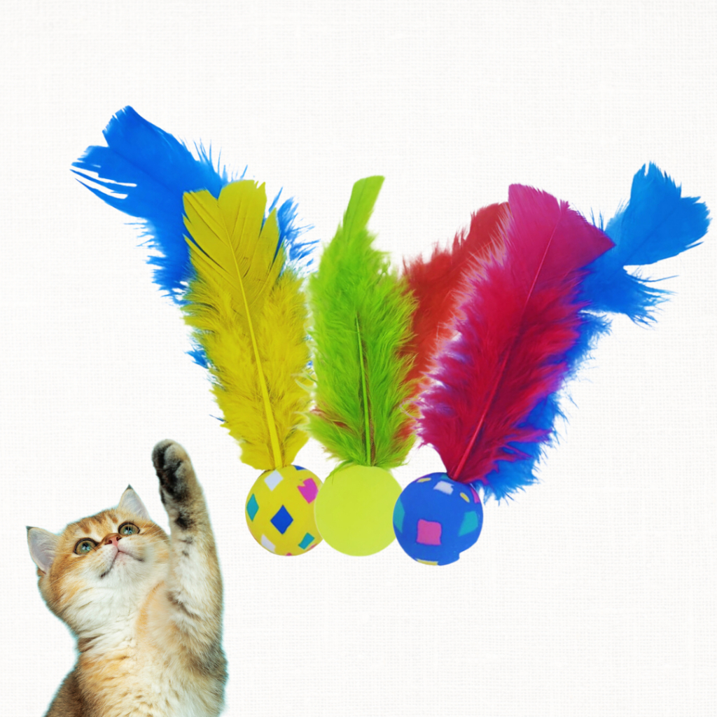 Bolinha para Gato Brinquedo Ping Pula Com Penas Coloridas – 1 Unidade