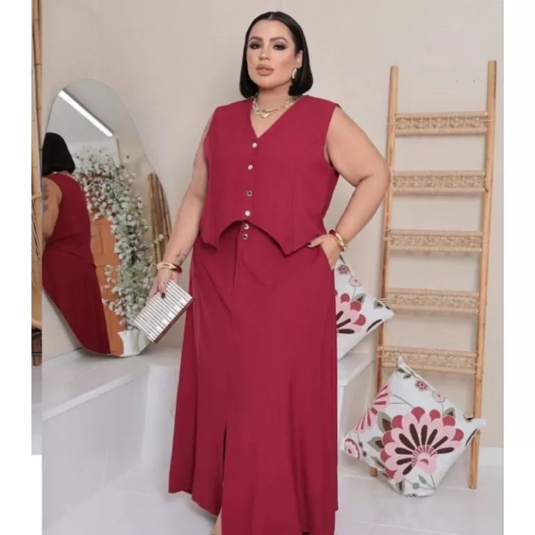 Conjunto Saia Longa Godê com Colete Feminina Plus