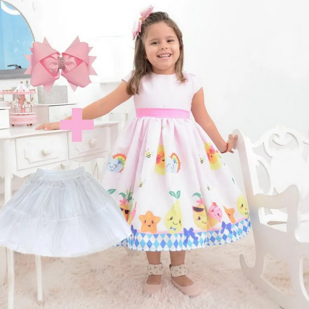 Kit Vestido infantil festa das frutas + saia de filó + Laço