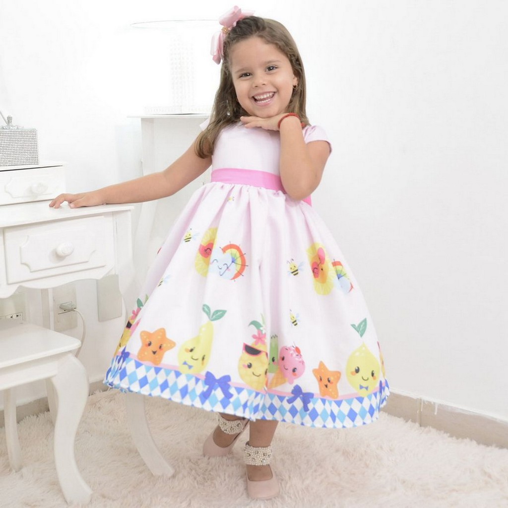 Vestido Festa das frutas, Abelhinhas e Sorvetes Elegante
