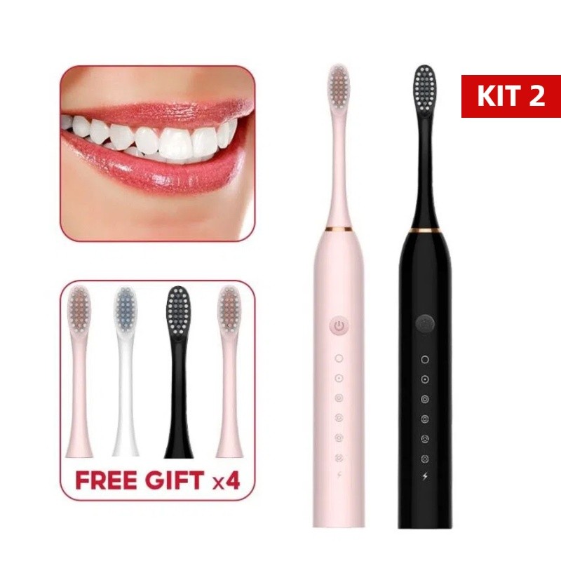 Kit 2 Escova de Dente Elétrica | IPX7 À Prova dÁgua + 6 Modos | Recarregável Portátil para Casa,rosa