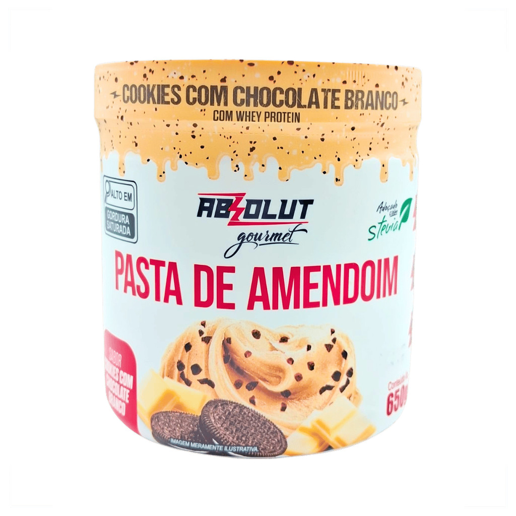Pasta de Amendoim Gourmet Sabor Cookies Com Chocolate Branco com Whey Protein 650g Marca Absolut