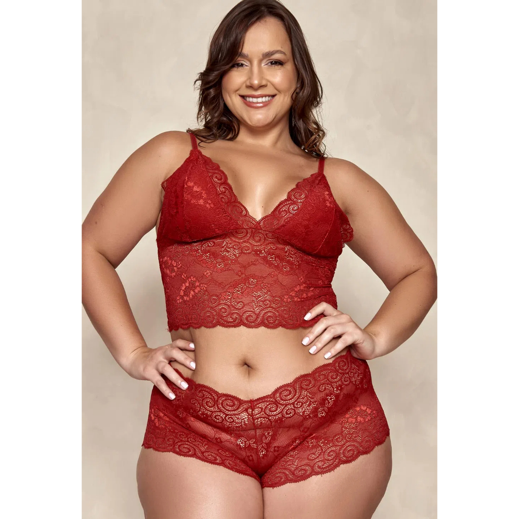 Conjunto Lingerie Renda Espera Marido Sensual Plus Size Cropped Calcinha Moda Íntima Fábrica Sexy