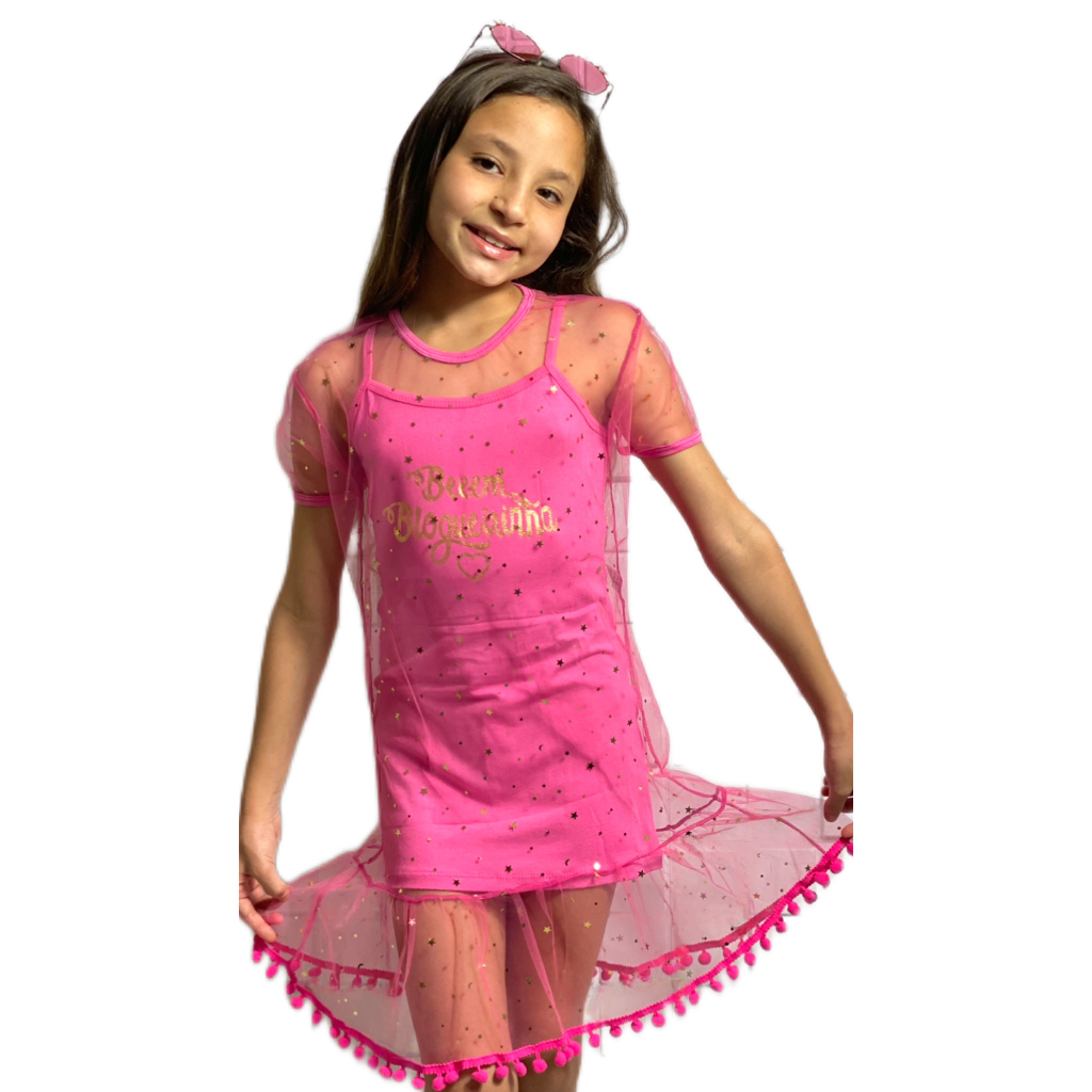 **Conjunto Infantil Beem Blogueirinha Menina 2 Peças  Vestido de Alcinha Sobreposição de Tule