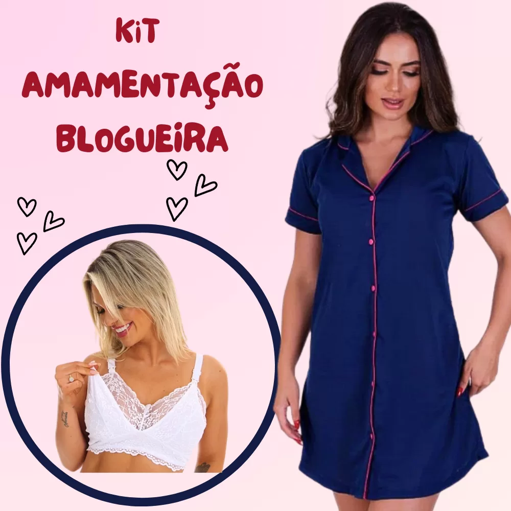 Kit Maternidade Blogueira Camisola Amamentação e Sutia Azul Gestante Pós parto Saida de Maternidade