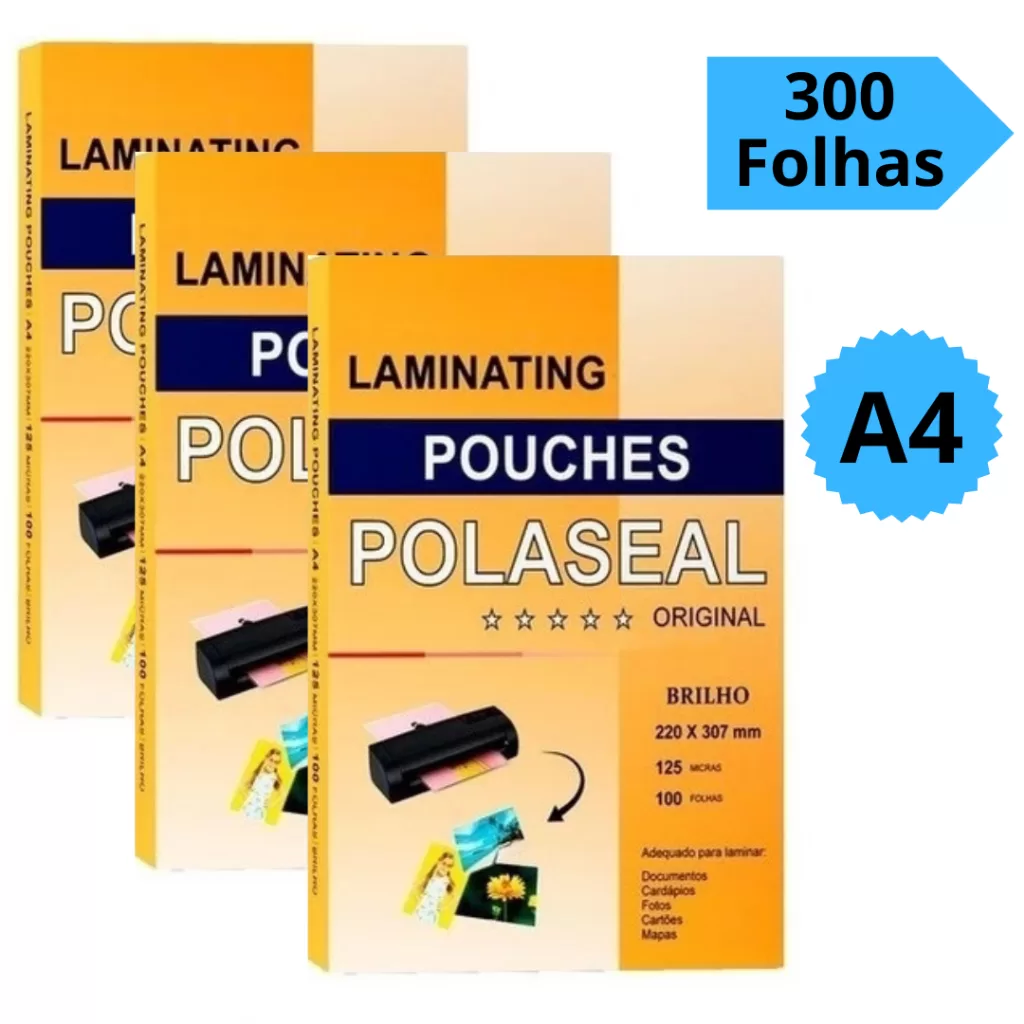 Plastico Polaseal A4 300 Folhas 0.05 Plástico Para Plastificacão 220×307 Com Brilho 125 Micras