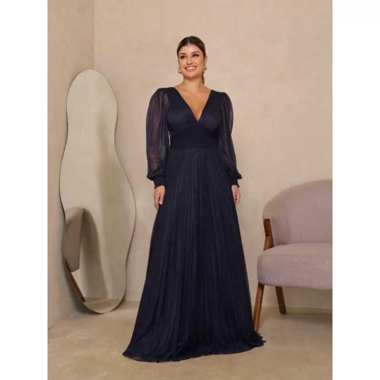 Vestido Longo de Festa e Formatura Plissado Manga 