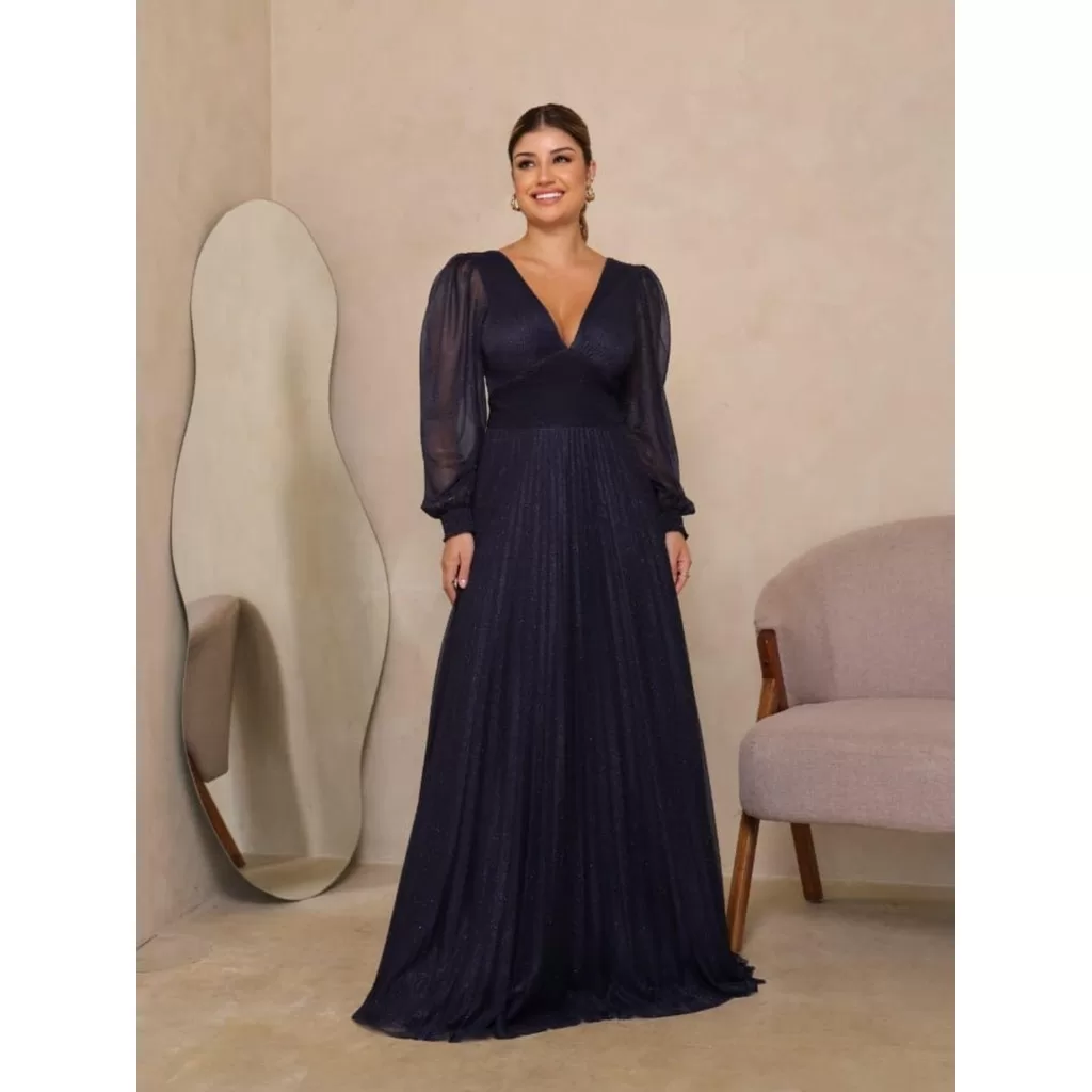 Vestido Longo de Festa e Formatura Plissado Manga longa tule e Brilho Cliver